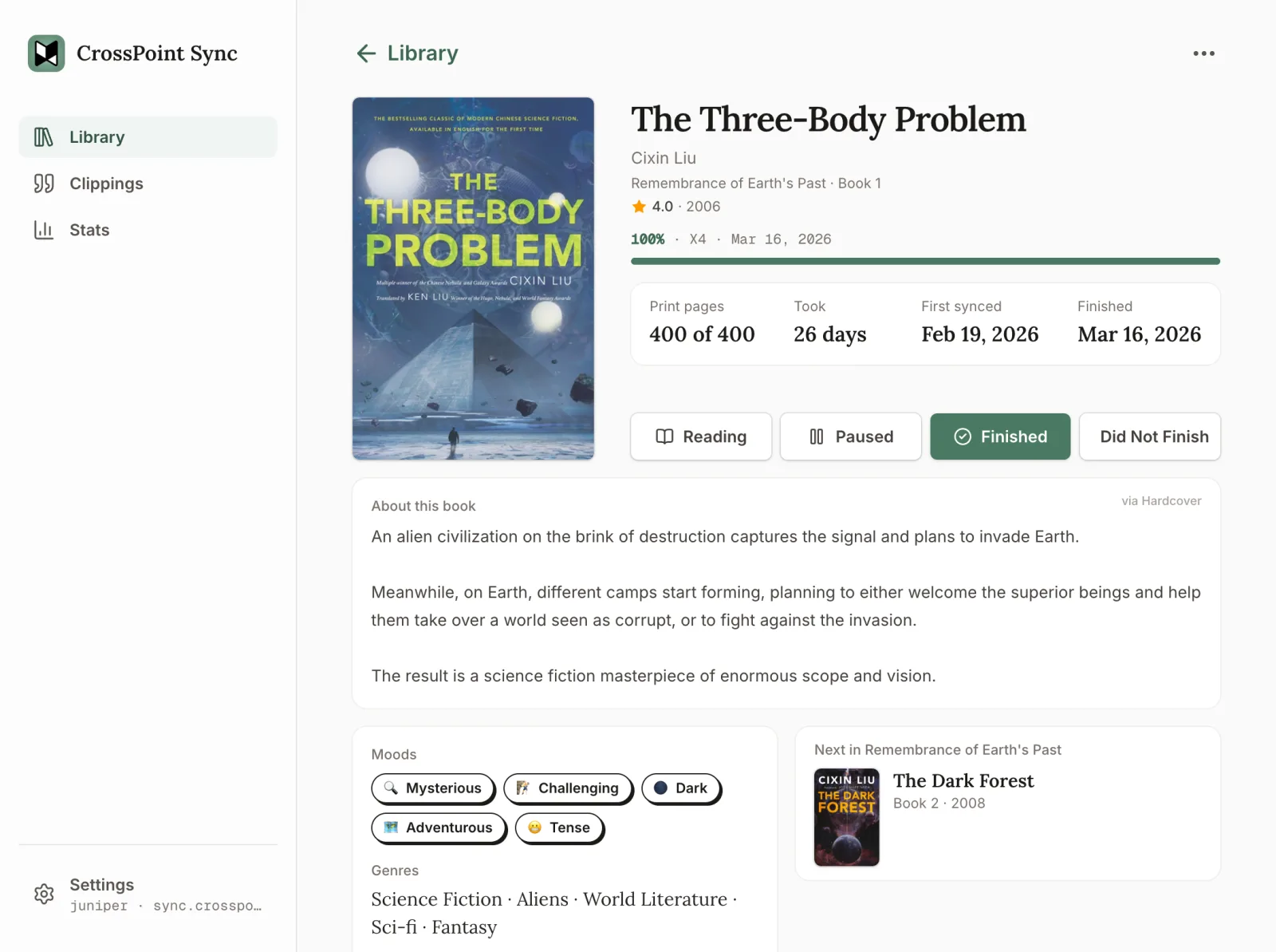 The Three-Body Problem on a tablet: its cover, stats and description